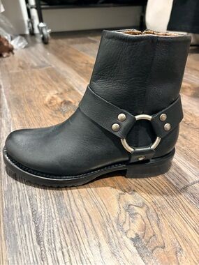 Frye Black Leather Harness Ankle Boot
